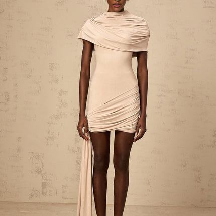 Mariachiara Mini Dress With Mock Neck And Ribbon Design in Neutrals