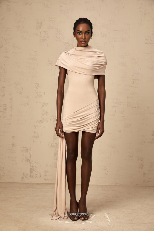 Mariachiara Mini Dress With Mock Neck And Ribbon Design in Neutrals