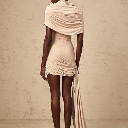 Mariachiara Mini Dress Neutrals Ribbon Design Mock Neck