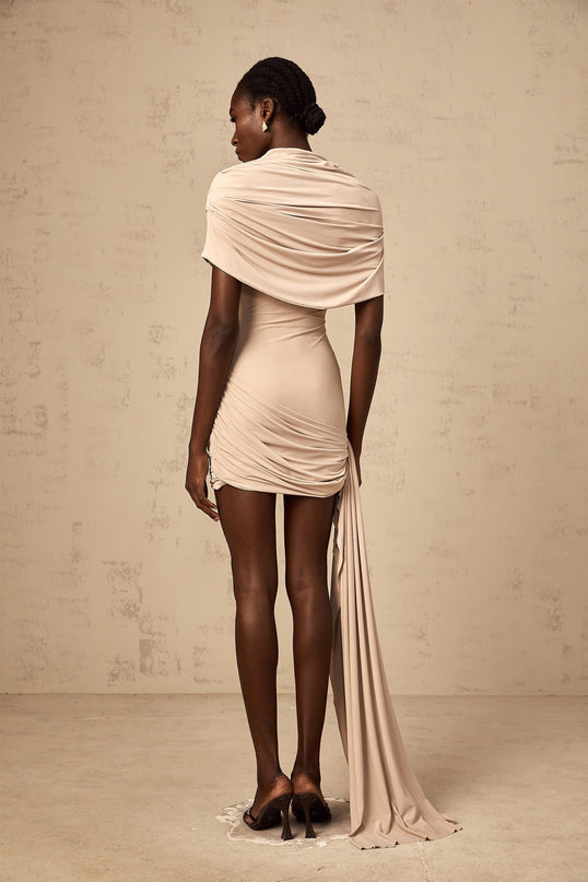 Mariachiara Mini Dress Neutrals Ribbon Design Mock Neck