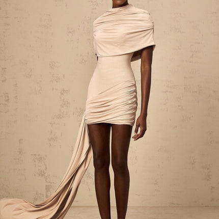 Mariachiara Mini Dress With Mock Neck And Ribbon Design in Neutrals
