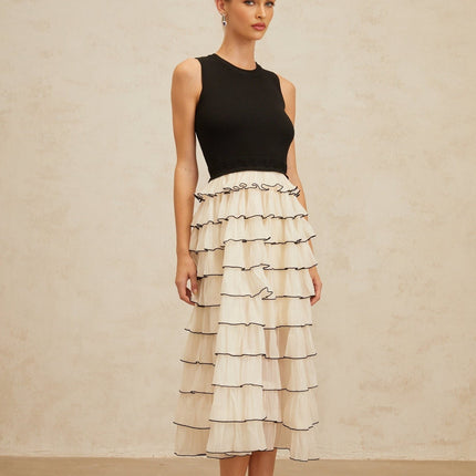 Mariah Black Midi Dress Tiered Ruffle Panel