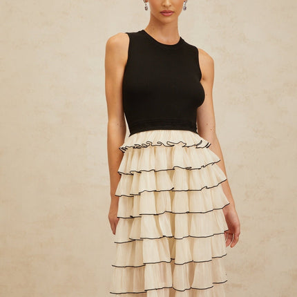 Mariah Black Midi Dress Tiered Ruffle Panel