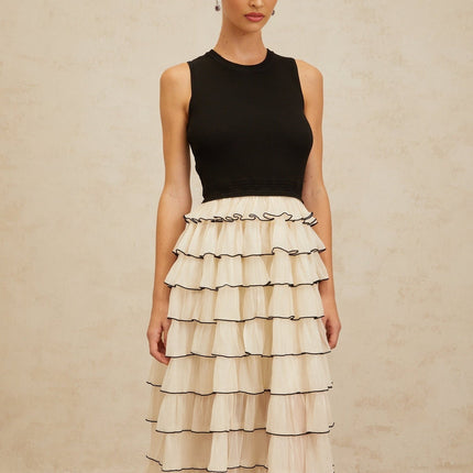 Mariah Black Ribbed Knit Tiered Ruffle Panel Midi Dress