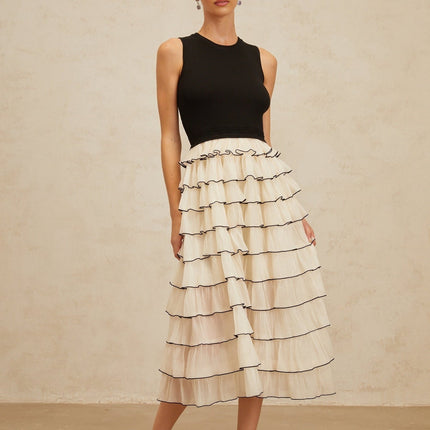 Mariah Black Tiered Ruffle Panel Midi Dress
