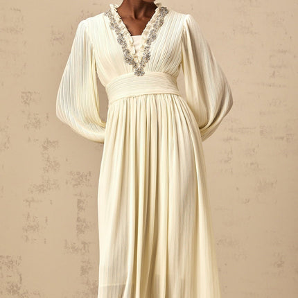 Mariah Midi Dress Off White V-neck Pleated Crystal Embellishment Ruffled Trim Calf Length