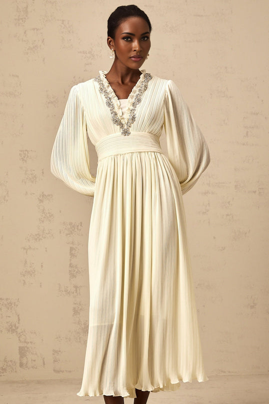Mariah Midi Dress Off White V-neck Pleated Crystal Embellishment Ruffled Trim Calf Length