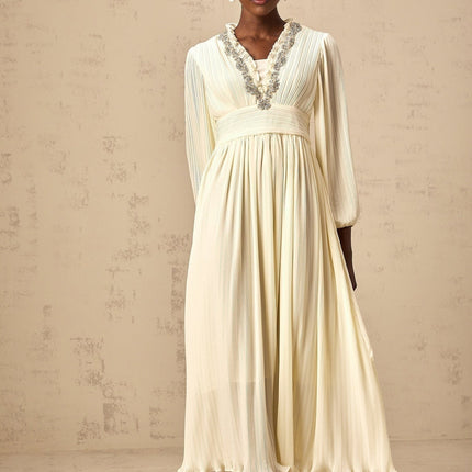 Mariah Midi Dress Off White V-neck Long Sleeve Pleated Crystal Embellishment Ruffled Trim Calf Length Rear Zip Fastening