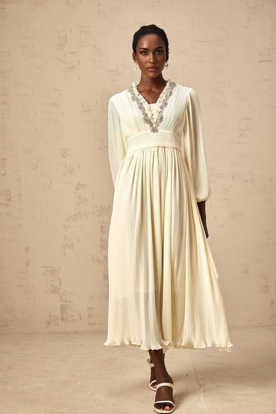 Mariah Midi Dress Off White V-neck Long Sleeve Pleated Crystal Embellishment Ruffled Trim Calf Length Rear Zip Fastening