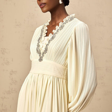 Mariah Midi Dress Off White V-neck Long Sleeve Pleated Crystal Embellishment Ruffled Trim Calf Length Rear Zip Fastening