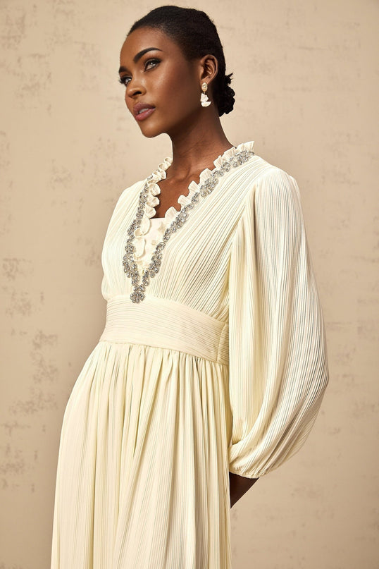 Mariah Midi Dress Off White V-neck Long Sleeve Pleated Crystal Embellishment Ruffled Trim Calf Length Rear Zip Fastening