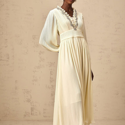 Mariah Midi Dress Off White V-neck Long Sleeve Pleated Crystal Embellishment Ruffled Trim Calf Length Rear Zip Fastening