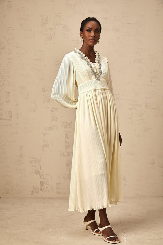 Mariah Midi Dress Off White V-neck Long Sleeve Pleated Crystal Embellishment Ruffled Trim Calf Length Rear Zip Fastening