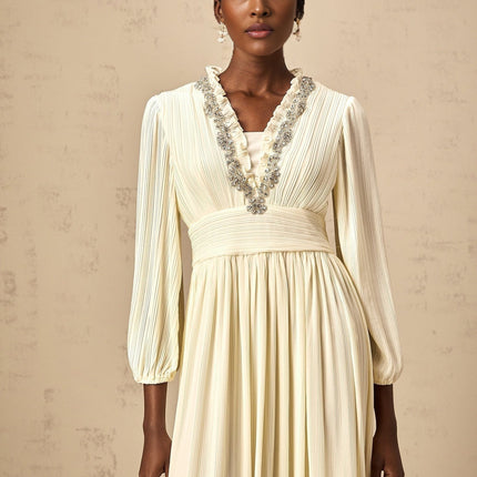 Mariah Midi Dress Off White V-neck pleated detailing crystal embellishment ruffled trim calf length