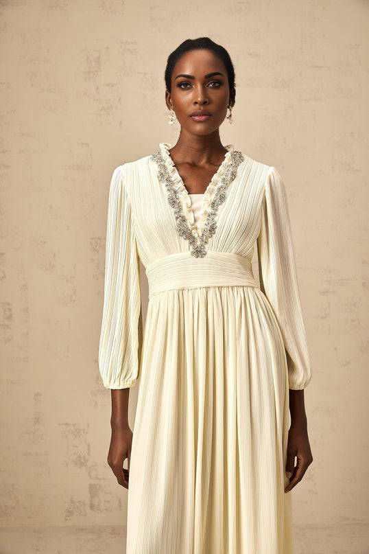 Mariah Midi Dress Off White V-neck pleated detailing crystal embellishment ruffled trim calf length