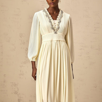 Mariah Midi Dress Off White V-neck pleated crystal embellishment ruffled trim calf length