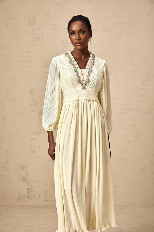 Mariah Midi Dress Off White V-neck pleated crystal embellishment ruffled trim calf length