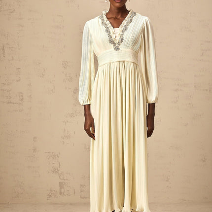 Mariah Midi Dress Off White V Neck Pleated Crystal Embellishment Ruffled Trim Calf Length
