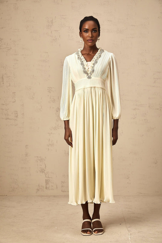 Mariah Midi Dress Off White V Neck Pleated Crystal Embellishment Ruffled Trim Calf Length