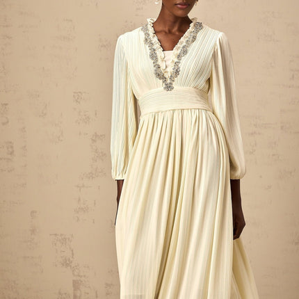 Mariah Midi Dress Off White V-Neck Pleated Crystal Embellishment Ruffled Trim Calf Length