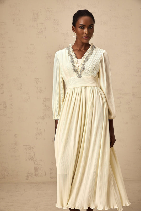 Mariah Midi Dress Off White V-Neck Pleated Crystal Embellishment Ruffled Trim Calf Length