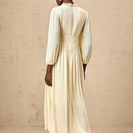 Mariah Midi Dress Off White V-neck pleated crystal embellishment ruffled trim rear zip fastening calf length