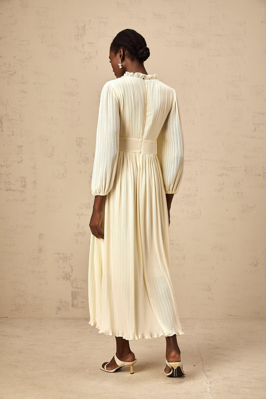 Mariah Midi Dress Off White V-neck pleated crystal embellishment ruffled trim rear zip fastening calf length
