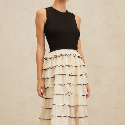 Mariah Black and White Midi Dress Tiered Ruffle Panel