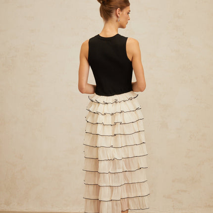 Mariah Midi Dress Tiered Ruffle Panel Black White Knit Tulle Ruffle Sleeveless Elegant Sophisticated Viscose Nylon
