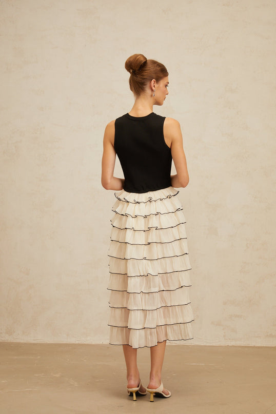 Mariah Midi Dress Tiered Ruffle Panel Black White Knit Tulle Ruffle Sleeveless Elegant Sophisticated Viscose Nylon