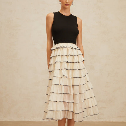 Mariah Midi Dress Tiered Ruffle Panel Black White Knit Tulle Ruffle Sleeveless Elegant Sophisticated Viscose Nylon