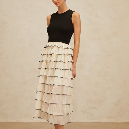 Mariah Midi Dress Tiered Ruffle Panel Black White Ribbed Knit Tulle Panelling Tiered Structure Sleeveless Round Neckline Viscose Nylon