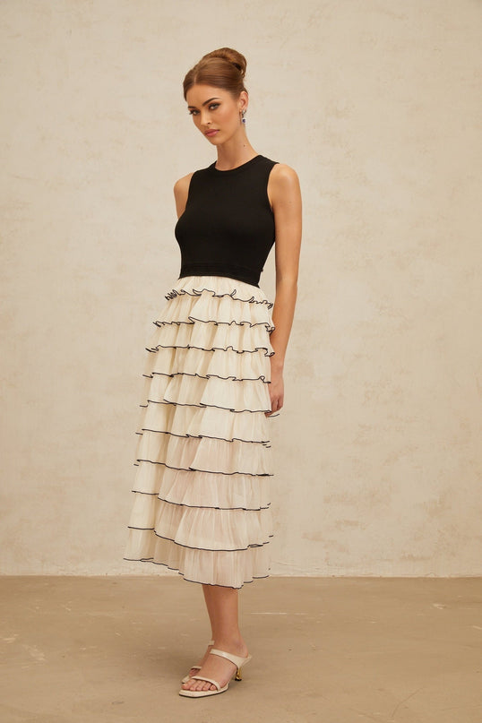 Mariah Midi Dress Tiered Ruffle Panel Black White Ribbed Knit Tulle Panelling Tiered Structure Sleeveless Round Neckline Viscose Nylon