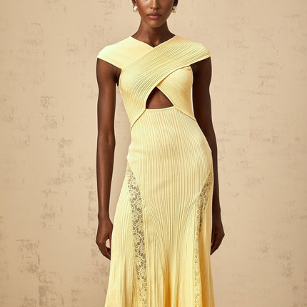 Mariah Midi Dress Yellow Lace Paneling Rib-Knit Cap Sleeves Criss-Cross Detail Cut-Out Godet Design Calf-Length Dress Terylene Viscose Nylon Spandex