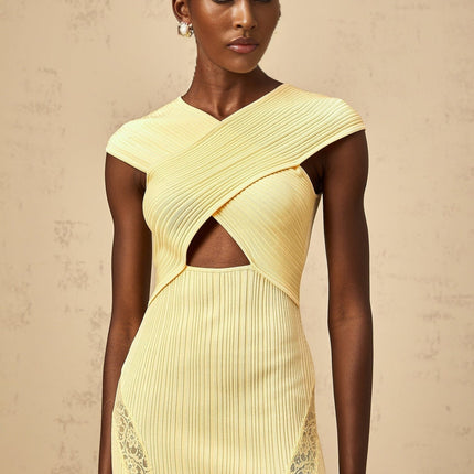 Mariah Midi Dress in Yellow Lace Paneling Cap Sleeves Criss-Cross Detail Cut-Out Godet Design Calf-Length