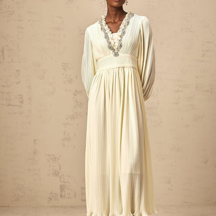 Mariah Off White Midi Dress with V-Neck and Crystal Embellishment