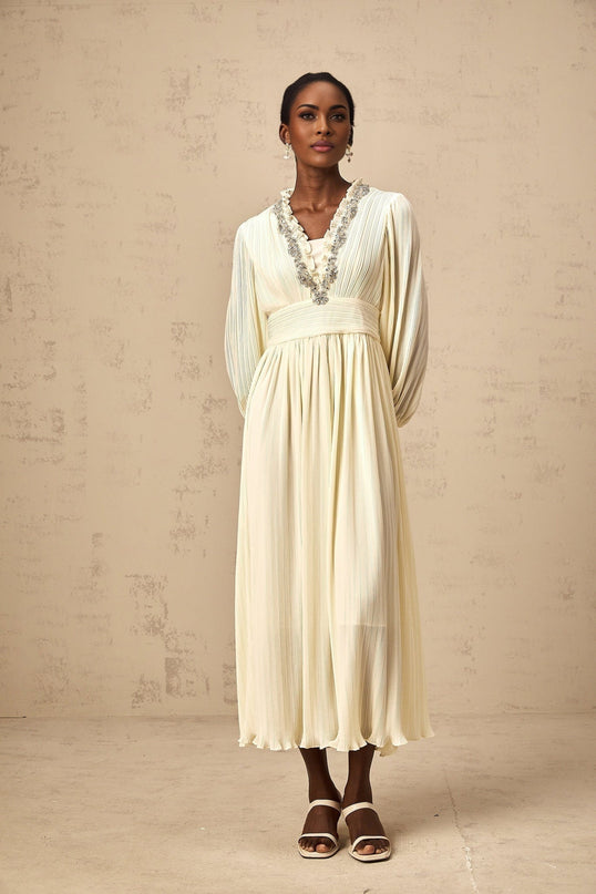 Mariah Off White Midi Dress with V-Neck and Crystal Embellishment