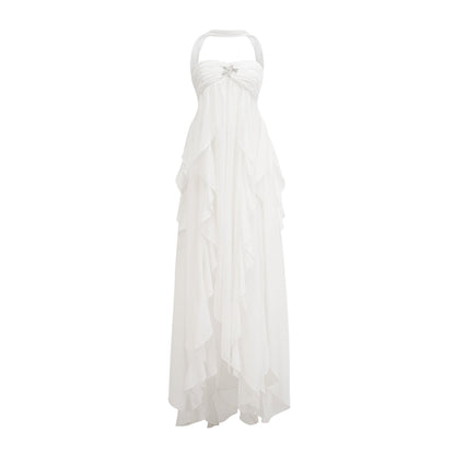 Mariah pink chiffon ruffle halter neck maxi dress