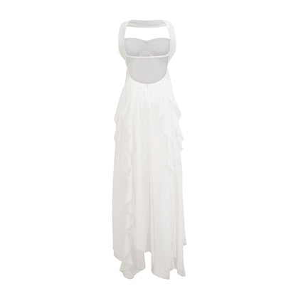 Mariah pink chiffon ruffle halter neck maxi dress
