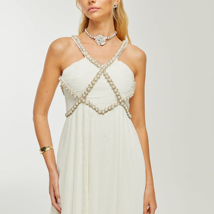 Mariah White Crystal Embellished V-neck Midi Dress