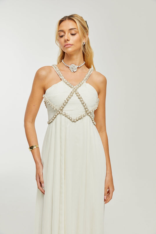 Mariah White Crystal Embellished V-neck Midi Dress