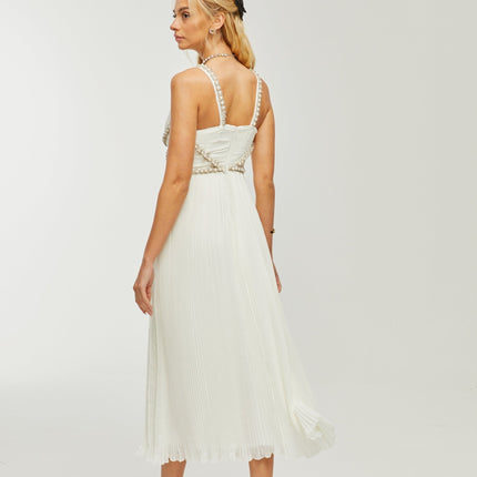 Mariah White Crystal Embellished V-neck Midi Dress
