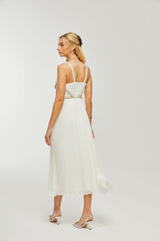 Mariah White Crystal Embellished V-neck Midi Dress