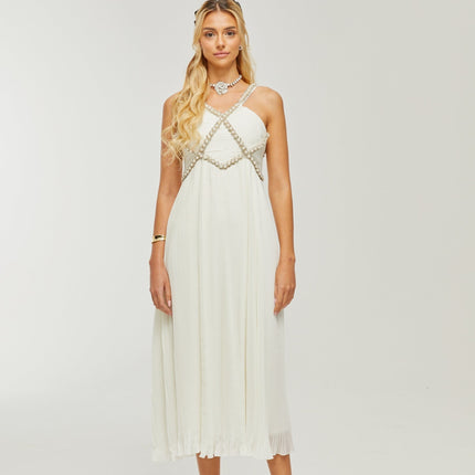 Mariah White Crystal Embellished V-neck Midi Dress