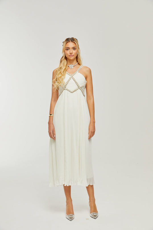 Mariah White Crystal Embellished V-neck Midi Dress