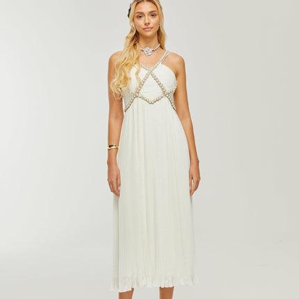 Mariah White Crystal Embellished V-neck Midi Dress