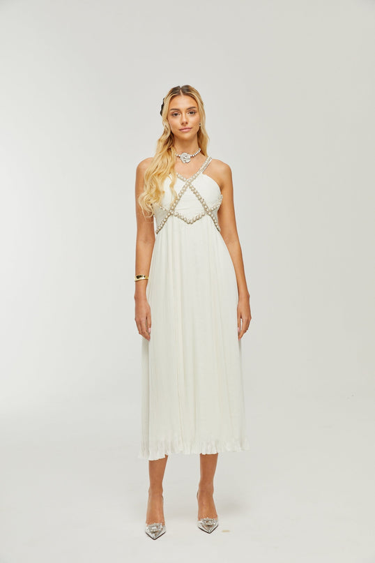 Mariah White Crystal Embellished V-neck Midi Dress