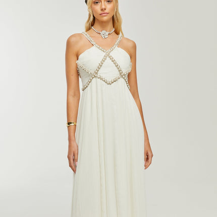 Mariah White Crystal Embellished V-neck Midi Dress
