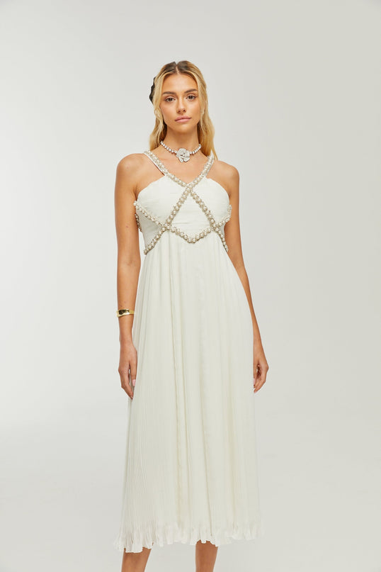 Mariah White Crystal Embellished V-neck Midi Dress
