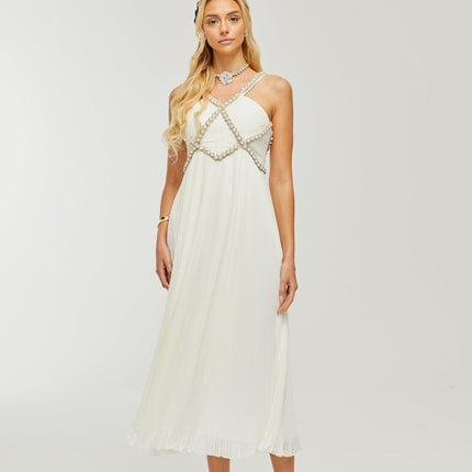 Mariah White Crystal Embellished V-neck Midi Dress